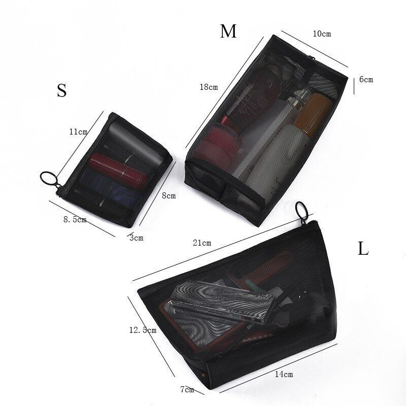 Zipper Make Up Toiletry Wash Bag Travel Black Mesh Cosmetic Bag Transparent Case