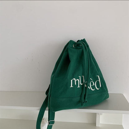 Embroidered Backpacks Canvas Drawstring School Bags Large Capacity Green/Brown