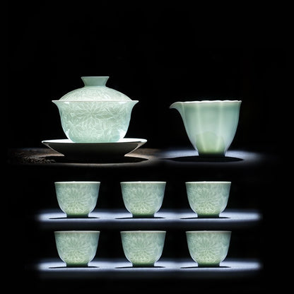 Jingdezhen Porcelain Gaiwan Creative Tureen Teacup Flower Relief Tea Set Ceramic