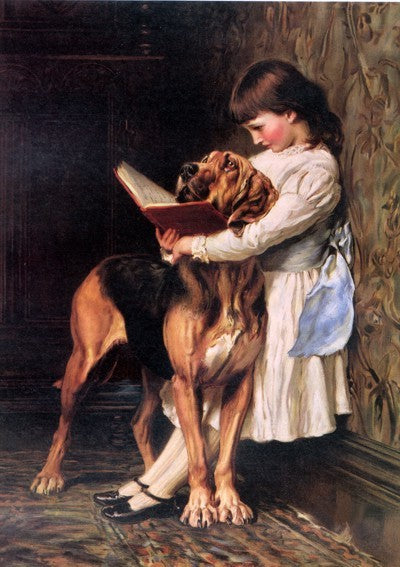 Dream-art Oil painting nice young girl reading book with her pet dog on canvas