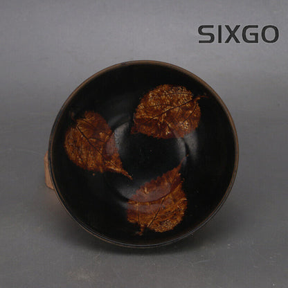 5.9" Collect Chinese Song Porcelain Jizhou Kiln Black Glaze Tree Leaf Bowl
