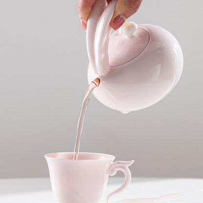 Porcelain Tea Set For Lady Pink Tea Pot Ball Shaped Infuser Hole Matching Teacup