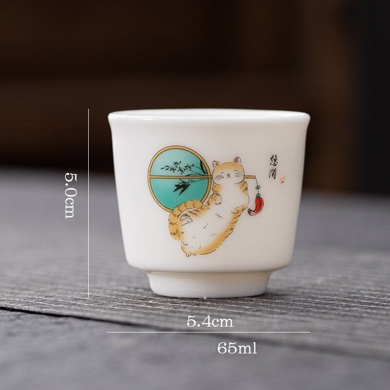 One Cup Fat Mutton Jade Porcelain Tea Cup Love Cat Print Kungfu Tea Cup 70ml New