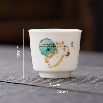 One Cup Fat Mutton Jade Porcelain Tea Cup Love Cat Print Kungfu Tea Cup 70ml New