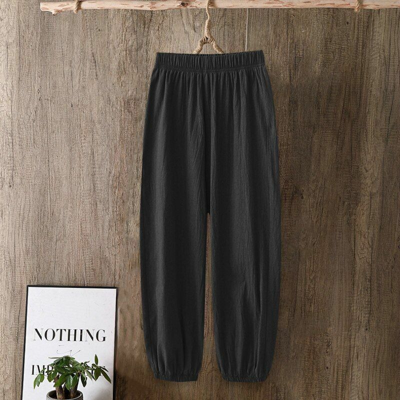 Pants Women Casual Cotton Linen Elastic Waist Solid Basic Retro Loose Trousers