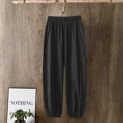 Pants Women Casual Cotton Linen Elastic Waist Solid Basic Retro Loose Trousers