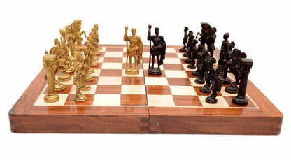 Antique Folding Wooden Handmade Roman Brass Chess Board Set Game 14" x 14"