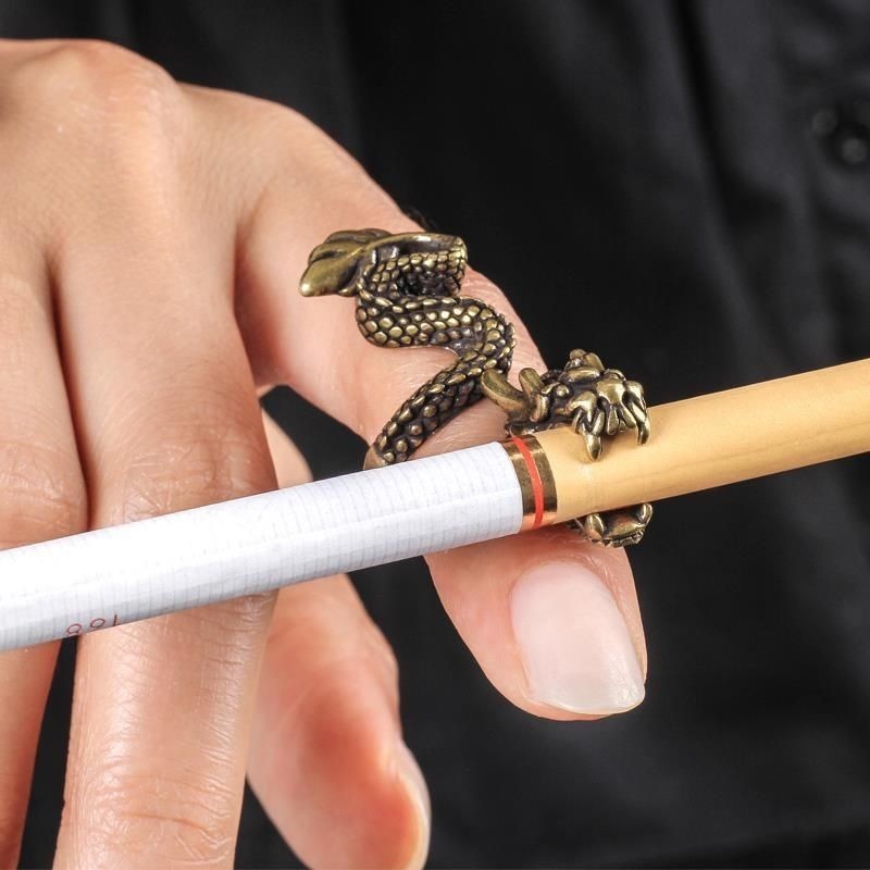 Pure Brass Dragon Cigarette Holder Ring Carved Smoking Finger Ring