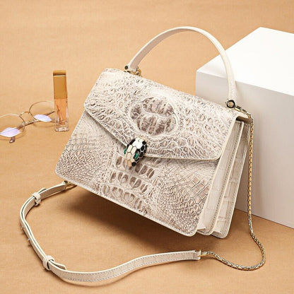 Women's Crocodile Skin Chain Bag Genuine Alligator Leather Shoulder Bag White