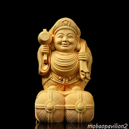 2.3" New Boxwood Carving Creative Decoration DAIKOKUTEN God of Buddha Statue