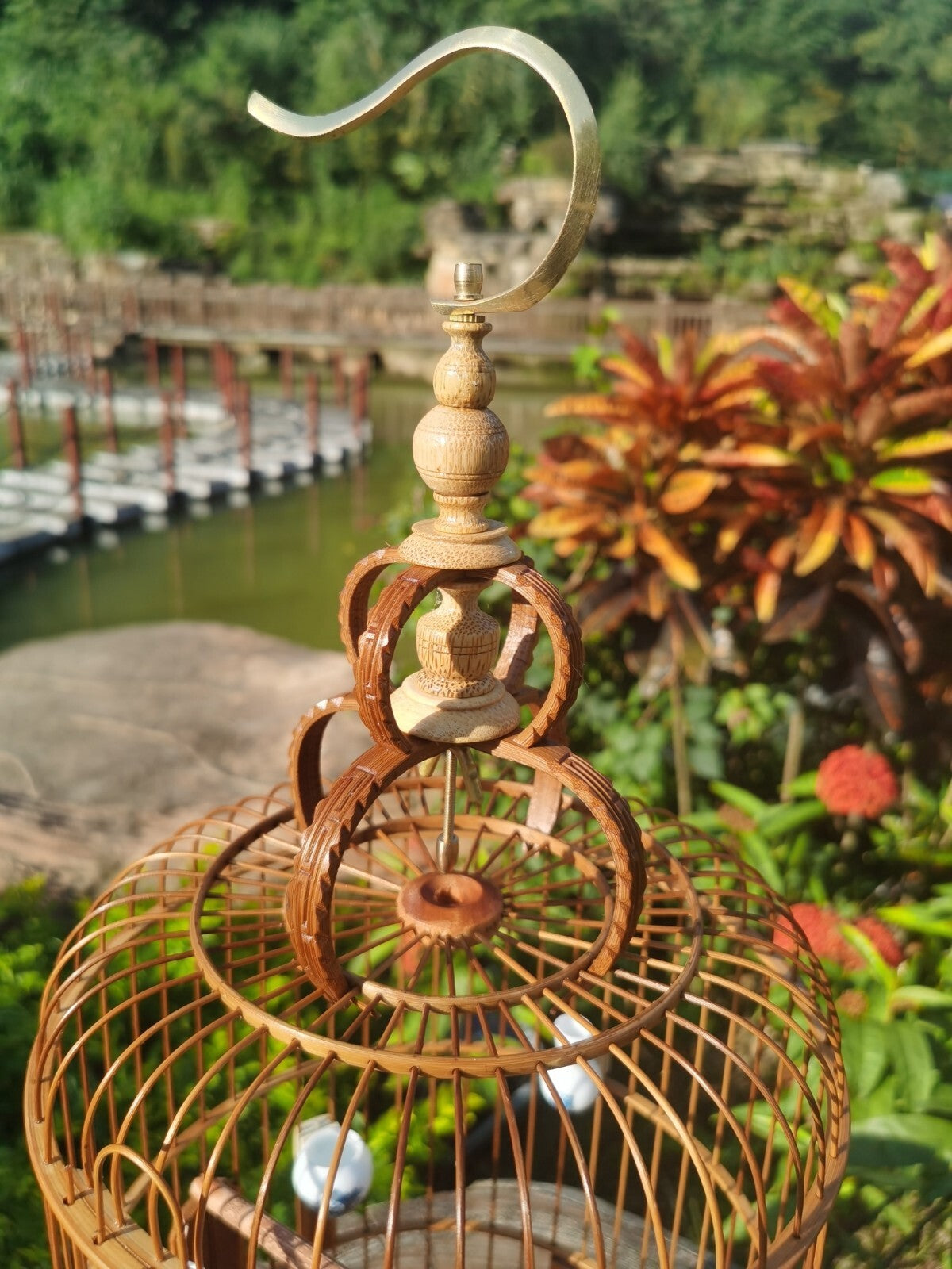 Chinese Carving Oriental Round Shape Bamboo Wood Birdcage Display 22cm