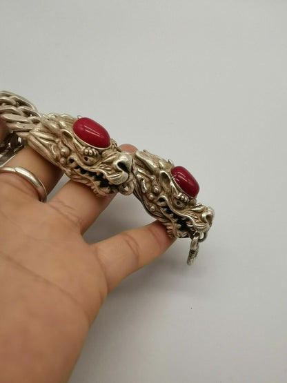 China Old Tibetan Silver Inlaid with red jade Dragon Bracelet