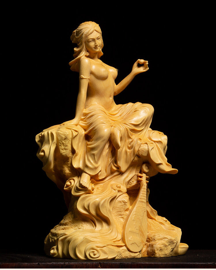 5" Chinese Boxwood Wood Hand-carved Girl Lady Women Pipa Boddhisattva Statue