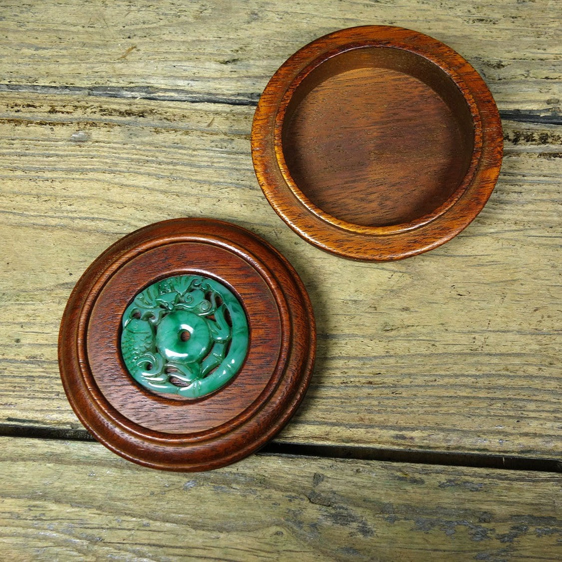 Vintage Rosewood Bracelet Box, Inlaid Jade, Wealth & Abundance, 10cm