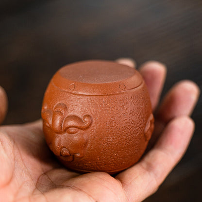 Chinese Yixing Zisha Pottery Lovable Beast Head Drum Tea Pet Statues