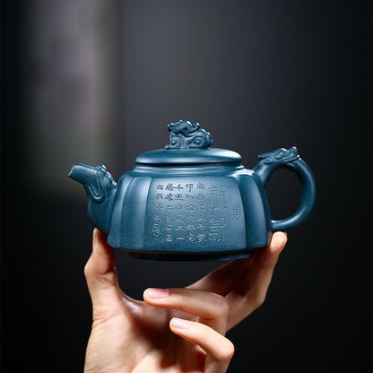Handmade Tea Pot Marked Chinese Character Carved Master Pot Mascot Statue Zisha