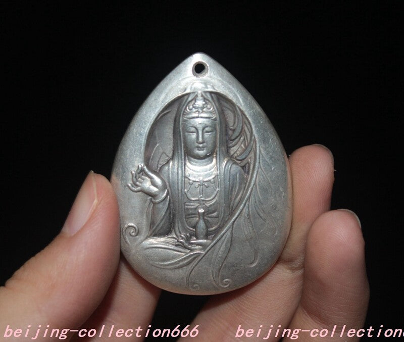 2"in Buddhism Temple Tibetan Silver Feng Shui Guanyin Exorcism Pendant Chinese
