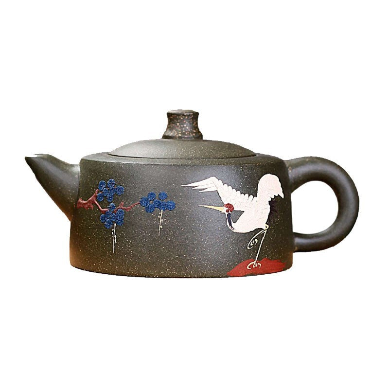 Zen Style Crane Relief Handmade Tea Pot Traditional 9 Infuser Holes Real Zisha