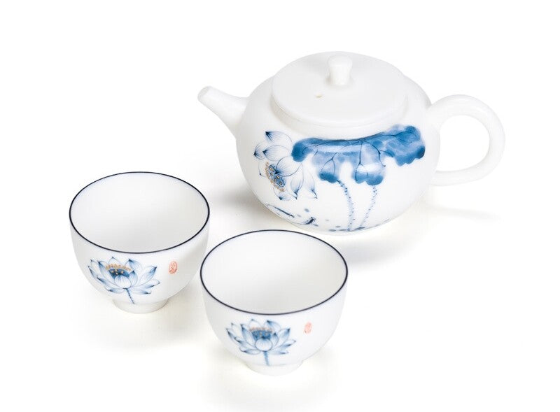 Chinese Tea Set Fat Mutton Jade Porcelain Tea Pot Cup Handpainted Tea Tray New