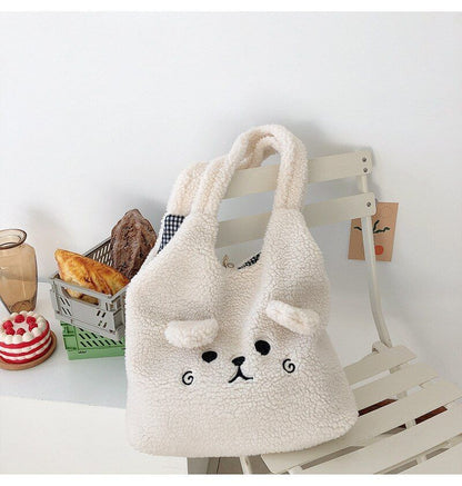 Winter Soft Plush Bag Women Cartoon Embroidery Imitation Lamb Hair Shoulder Bag