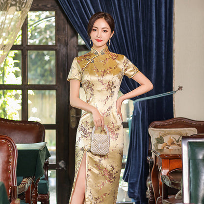 Women Prom Gown Summer Silk Satin Dress Chinese Traditional Cheongsam Size S-4XL