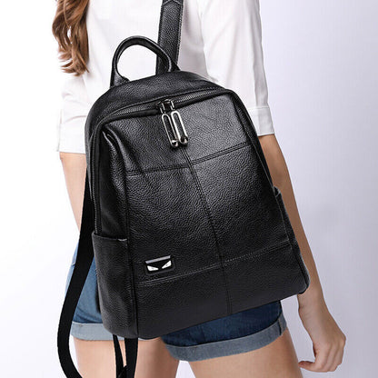 Women's Backpack Genuine Leather Black Zipper Travel Backpack College Bag