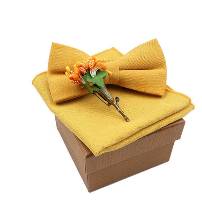 Men Bow Ties 3Pcs Cotton Handkerchief Flower Brooch Women Party Wedding Necktie