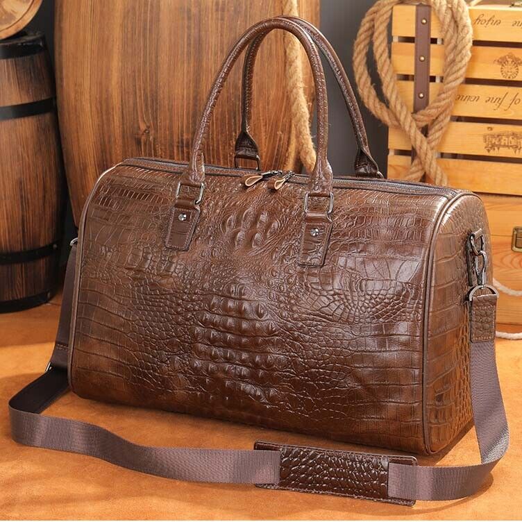 Mens Leather Crocodile Gym Duffel Shoulder Bag Travel Overnight Luggage Handbags