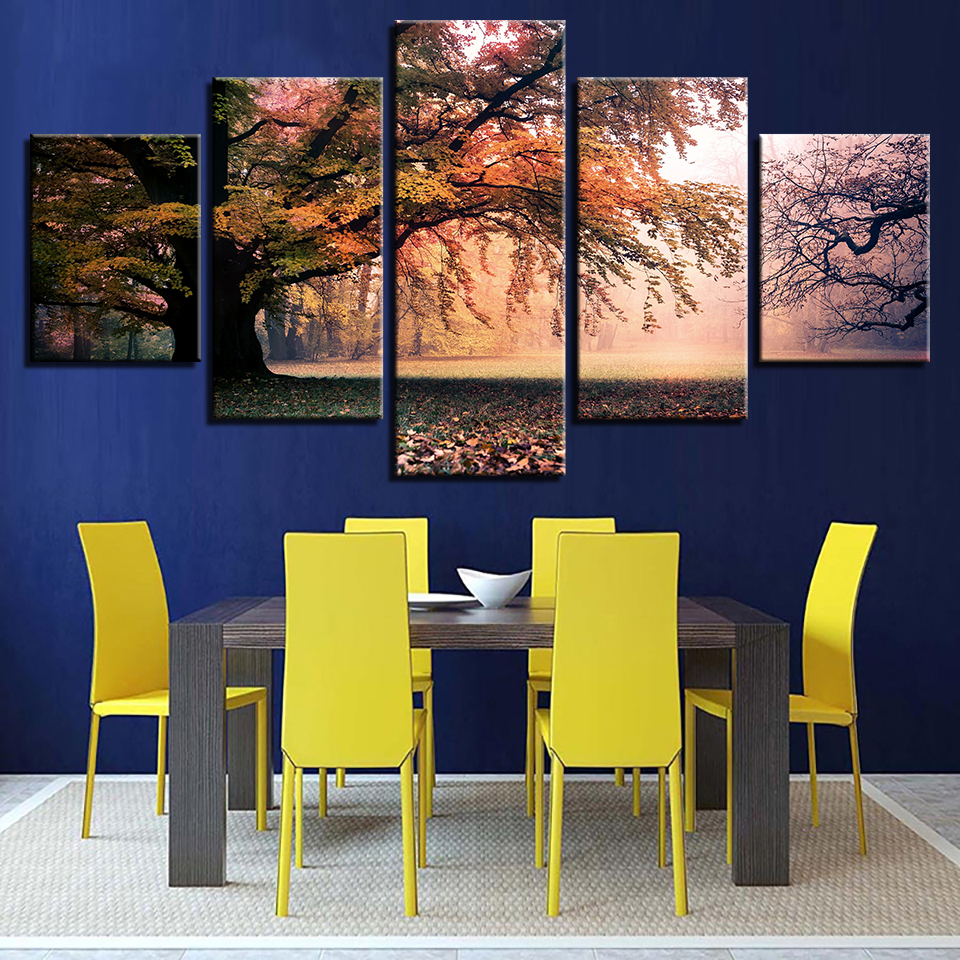 Autumn Big Trees Forest Sunrise Canvas Prints Painting Wall Art Home Decor 5PCS