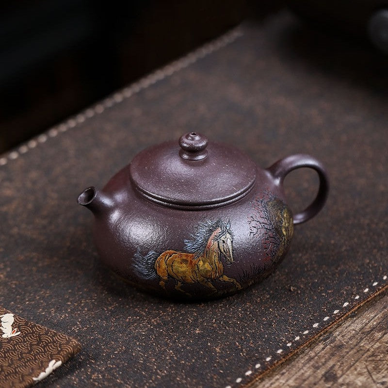 Handmade Tea Pot 14 Infuser Holes Horse Carved Real Yixing Zisha Old Purple Clay