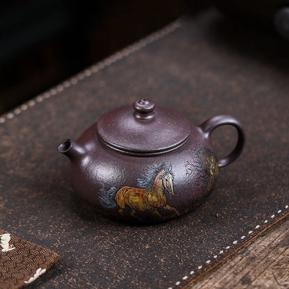 Handmade Tea Pot 14 Infuser Holes Horse Carved Real Yixing Zisha Old Purple Clay
