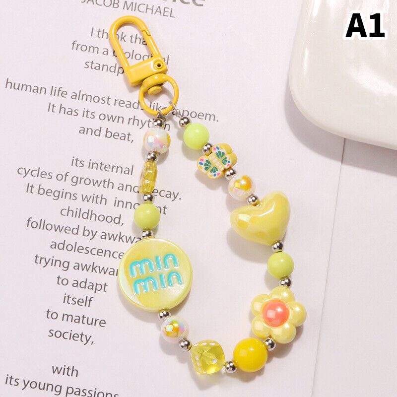 Acrylic Color-plated Heart Love Keychain Cute Flower Beaded Keyring Bag Pendant