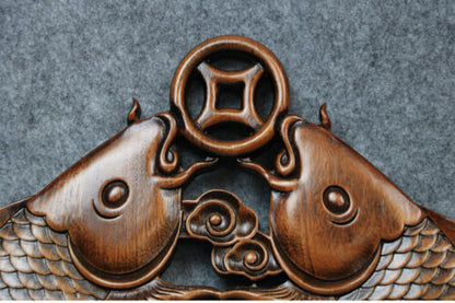 Chinese Wood Carved Feng Shui Fish Plaque Sculpture Wall Hanging Wooden Decor