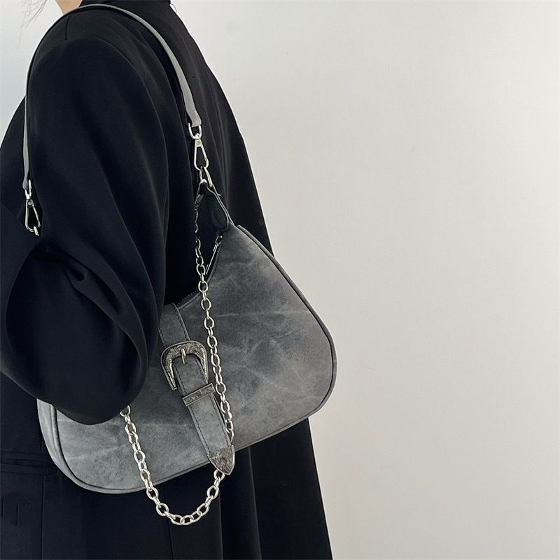 Frosted Polyester Shoulder Bag Vintage Chain Zipper Purse Versatile Handbag 1 Pc