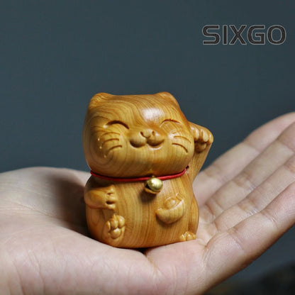 Miniature Wood Carving Lucky Cat Ornaments Office Desk Accessories Decor