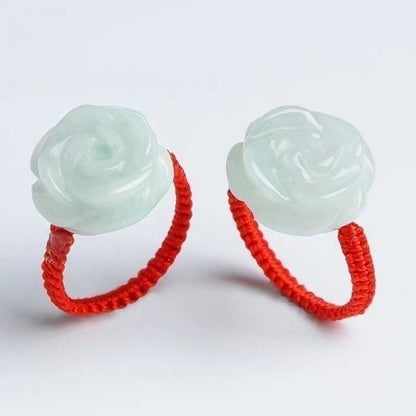 Natural Grade A Jadeite Rose Ring Handmade Red Rope Jade Ring For Women
