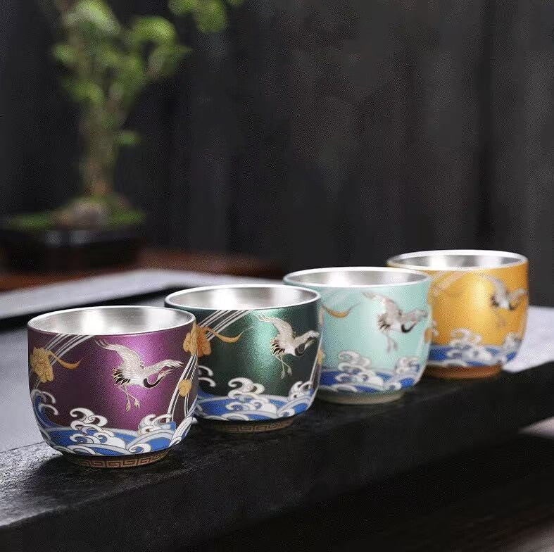 Ceramic Tea Cup Sterling Silver Master Cup Crane Print Chinese Kungfu Cup Of Tea