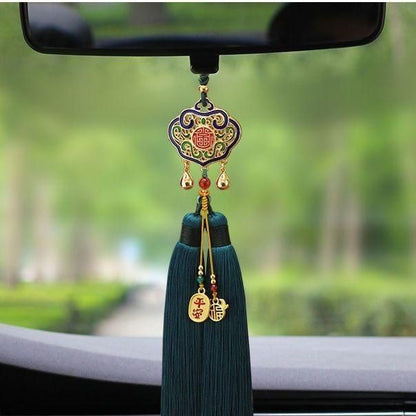 Brass Enamel Ruyi Safety Lock Car Pendant Tassel Handmade Retro Decor