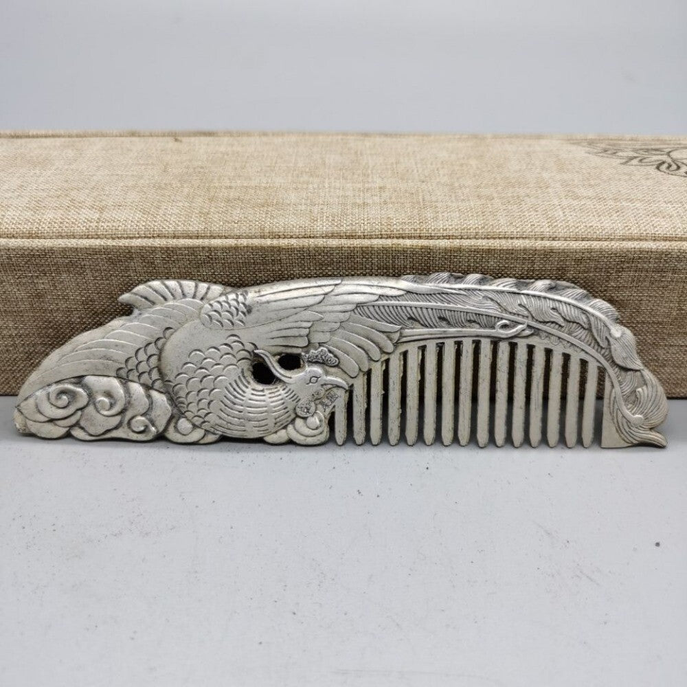 Old Chinese tibet silver handcarved Phoenix Comb statue