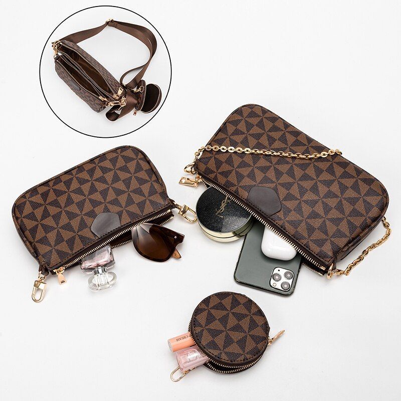 3IN1 Messenger Handbag Crossbody Shoulder Bag Polyester Purse Brown/Black/White