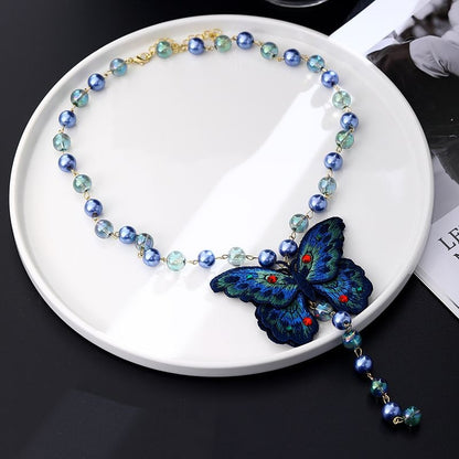 New Chinese Embroidered Butterfly Sweater Necklace Blue Beaded Vintage
