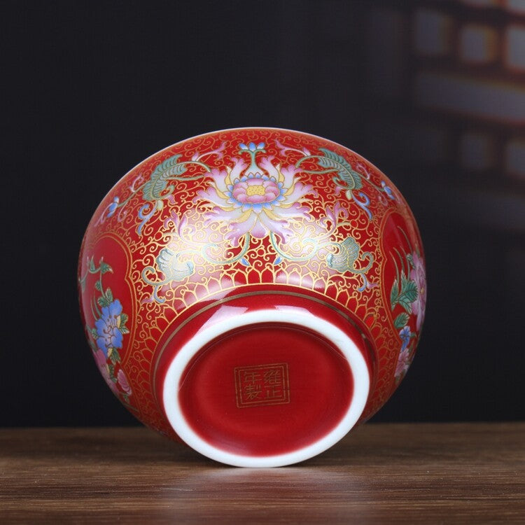 3.3" Chinese Qing Famille Rose Porcelain Ji Red Glaze Lotus Flower Branch Pot