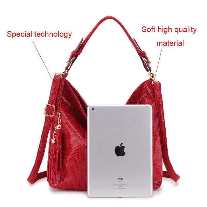 Snake Pattern Shoulder Bag Serpentine Hobo Bag Tassel Handbag Purse Big Red Tote