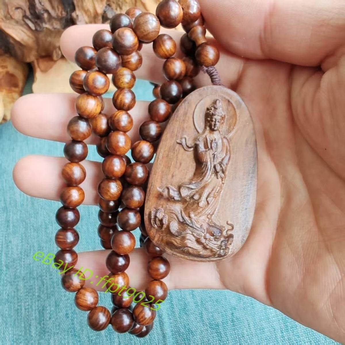108 Natural Wood Prayer Beads Necklace Guanyin Carving Pendant Blessing Jewelry