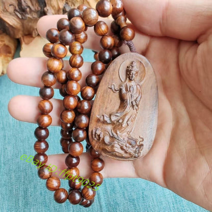 108 Natural Wood Prayer Beads Necklace Guanyin Carving Pendant Blessing Jewelry