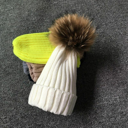 Hat Winter Fur Poms Women Knitted Beanies Cap Thick Skullies Solid Unisex Casual