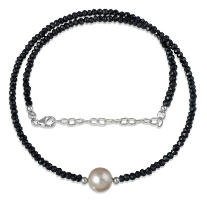 S925 Silver Single Pearl Necklace Shell Cut Black Crystal Beaded Necklace