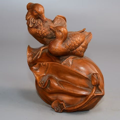 Old Boxwood Mandarin Ducks Couple StatueLove Happiness Marrage Feng Shui Decor