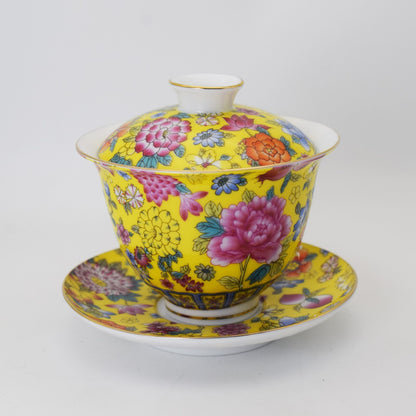 Tea Set Ceramic Gaiwan Floral Tea Cup Lid Saucer Tea Bowl Cup Chinese Porcelain