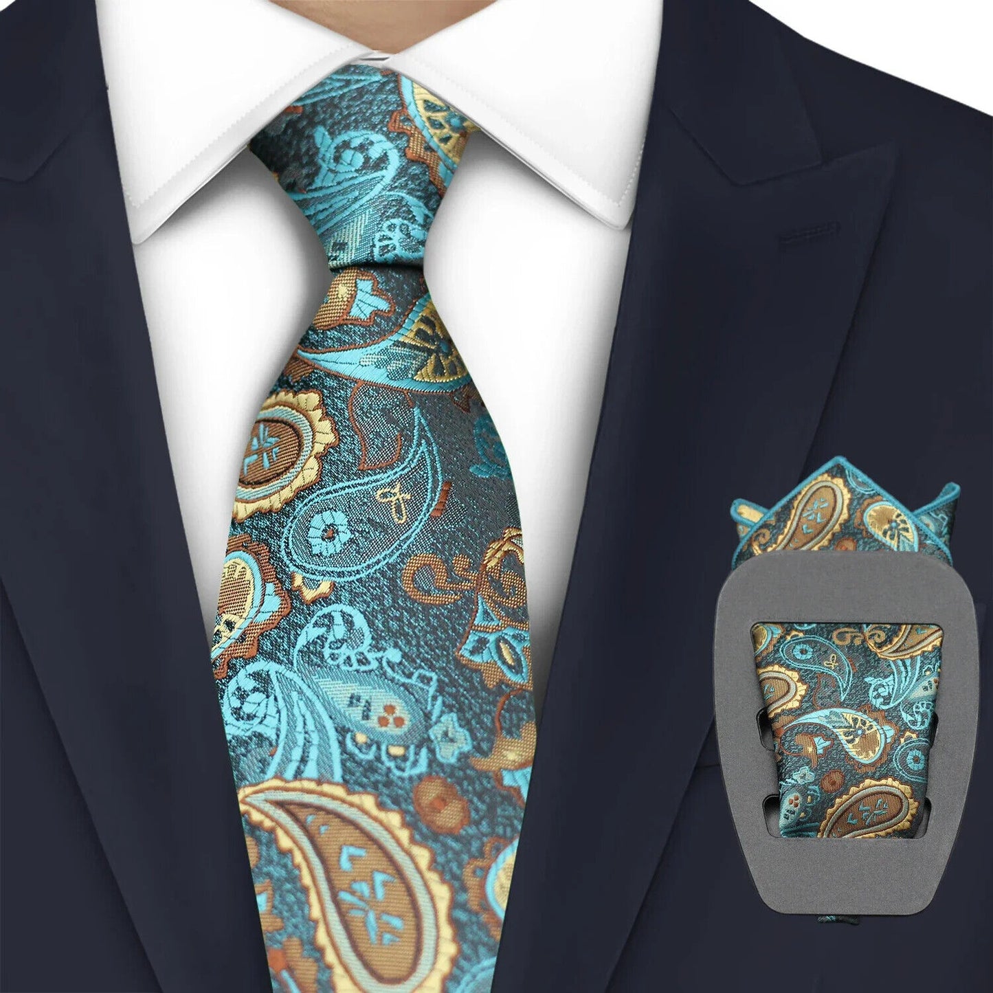 Men Necktie 2Pcs Jacquard Woven Paisley Tie Handkerchief Business Party Wear 7cm